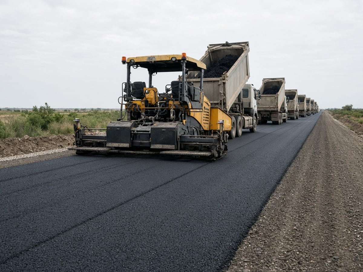 Asphalt paver and a line of dump trucks paving a rural road