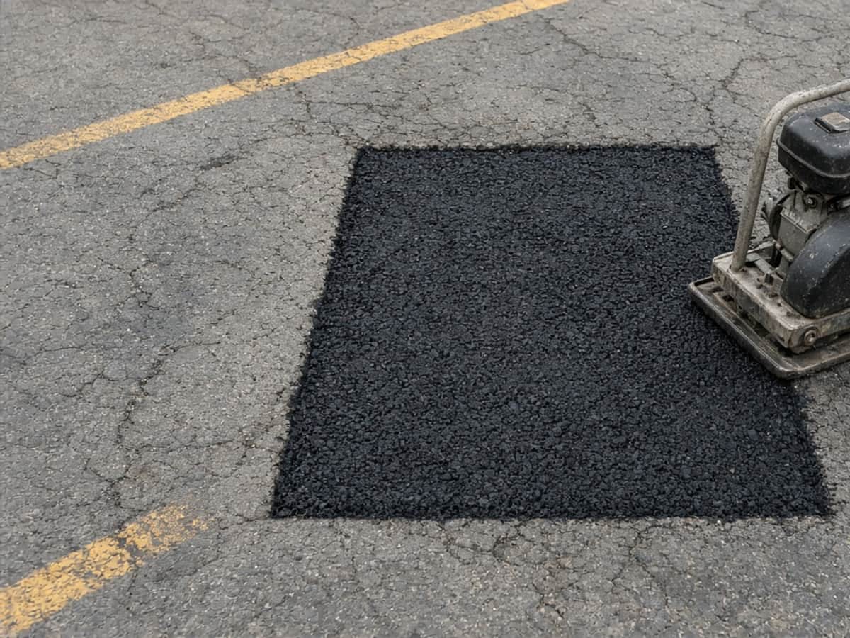 Square asphalt patch in a cracked parking lot, with a plate compactor