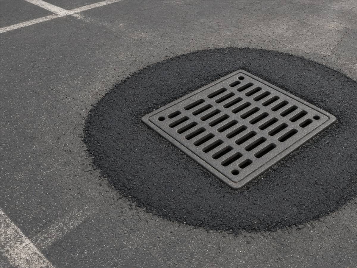 Storm drain grate set in a fresh ring of asphalt