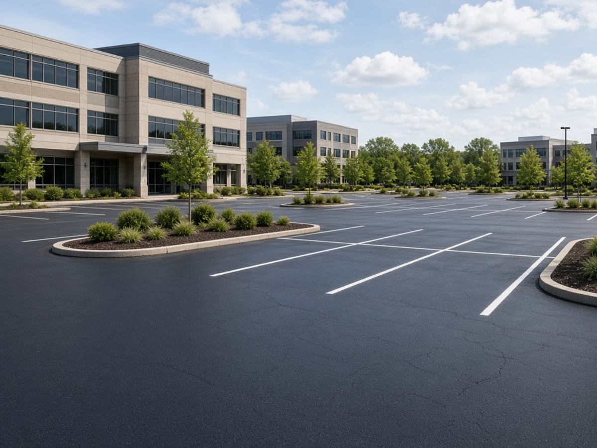 Striped office park parking lot with landscaped islands