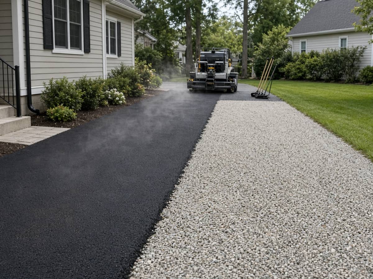 Asphalt paver laying hot asphalt on a house driveway beside a gravel base