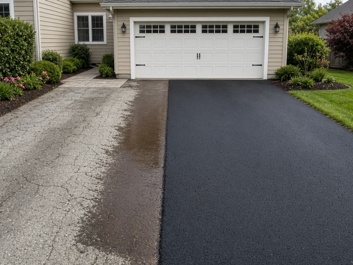 Fresh asphalt overlay next to an old cracked strip of driveway in front of a garage
