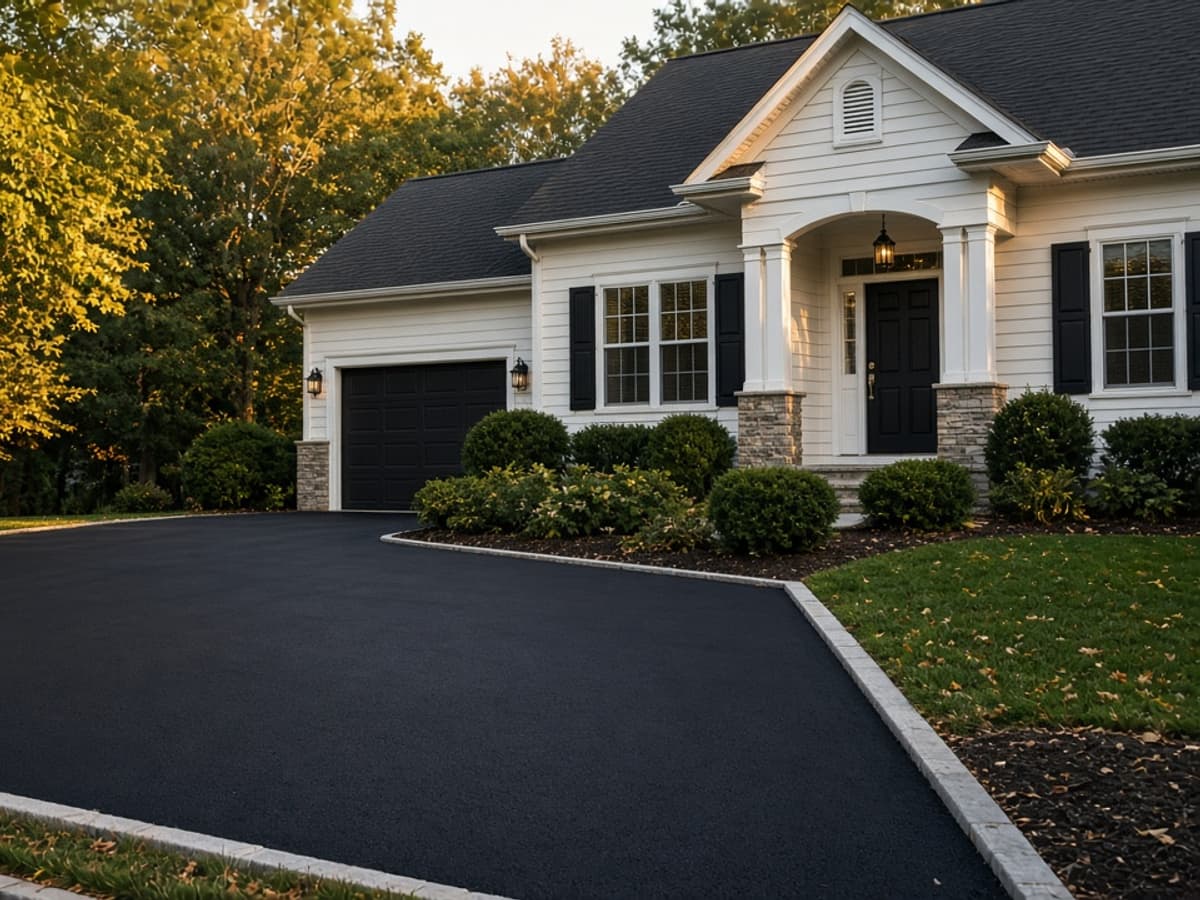 New asphalt driveway with block edging in front of a white house