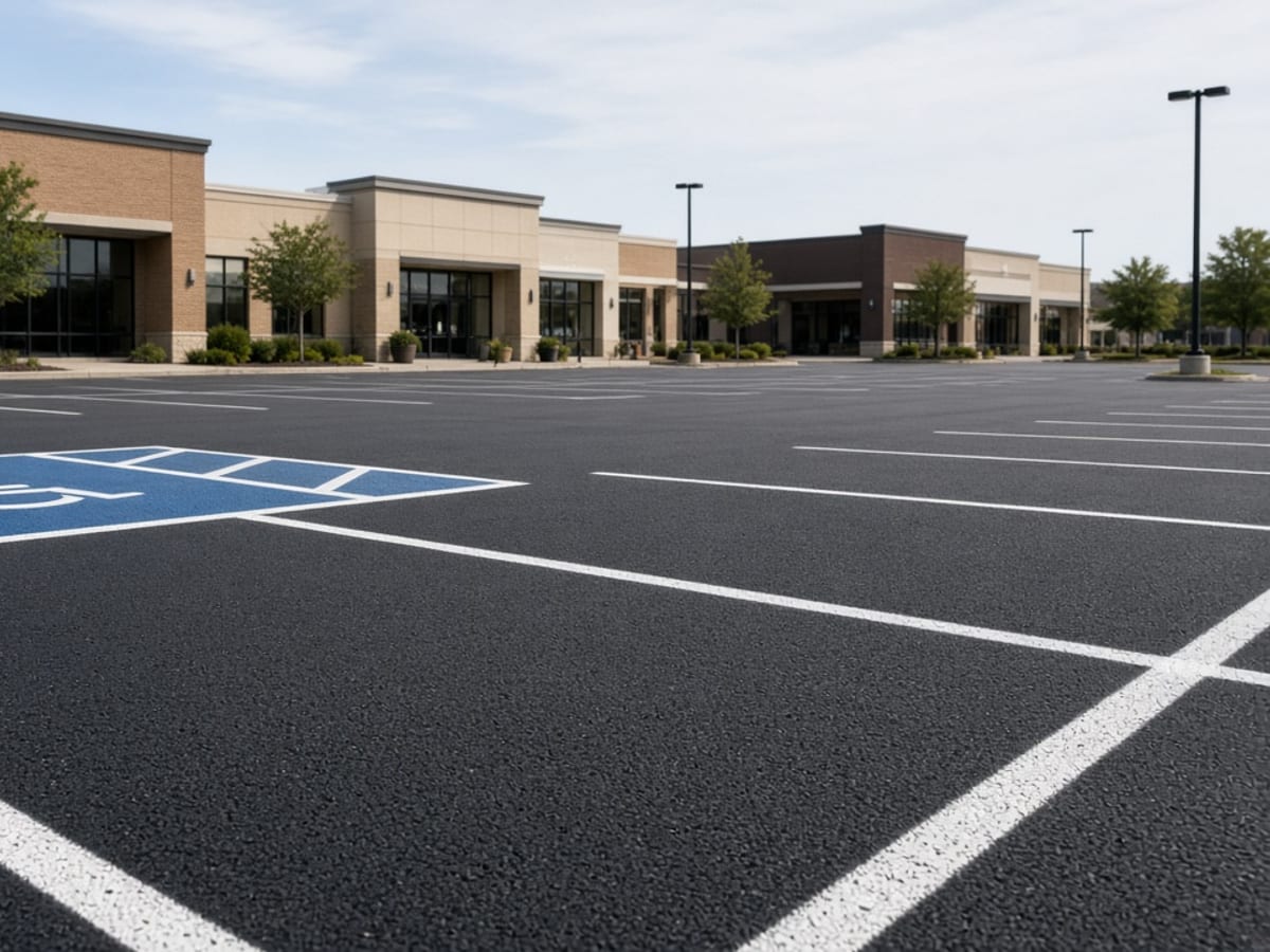 Freshly striped parking lot with an accessible stall in front of a retail strip