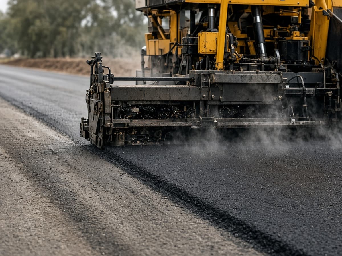 Asphalt paver laying hot asphalt