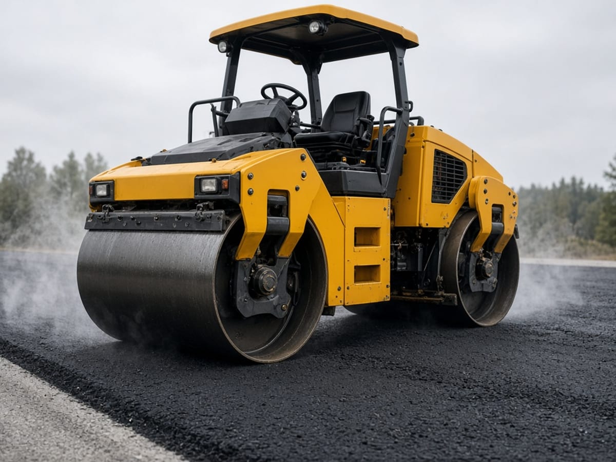 Double drum roller compacting fresh asphalt