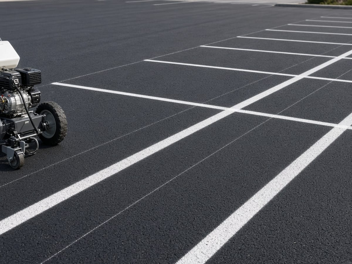 Striping machine laying out parking stalls on fresh asphalt