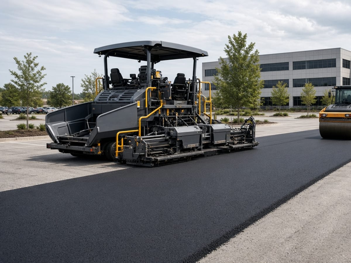 Asphalt paver and roller on a parking lot outside an office building