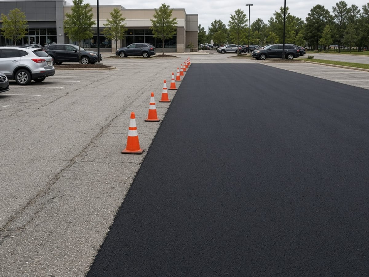 New asphalt lane beside an old parking lot surface, marked off with traffic cones