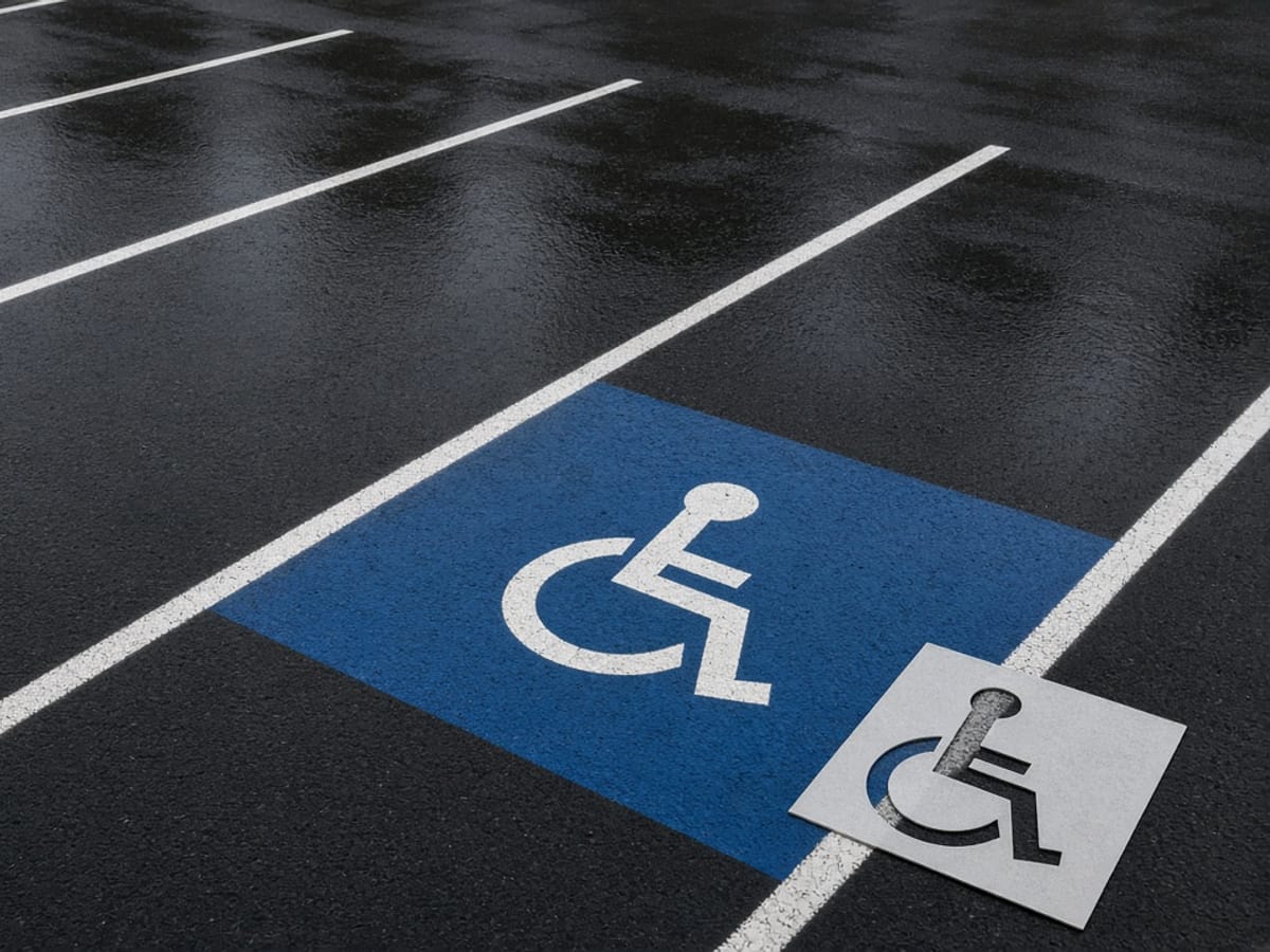Accessible parking stall painted blue, with a wheelchair stencil