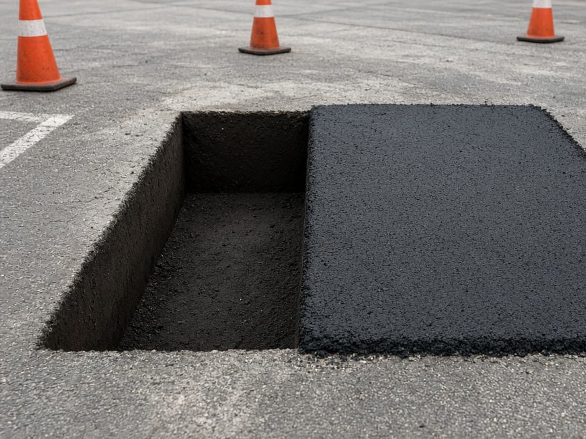 Pothole cut square beside a fresh asphalt patch, with traffic cones