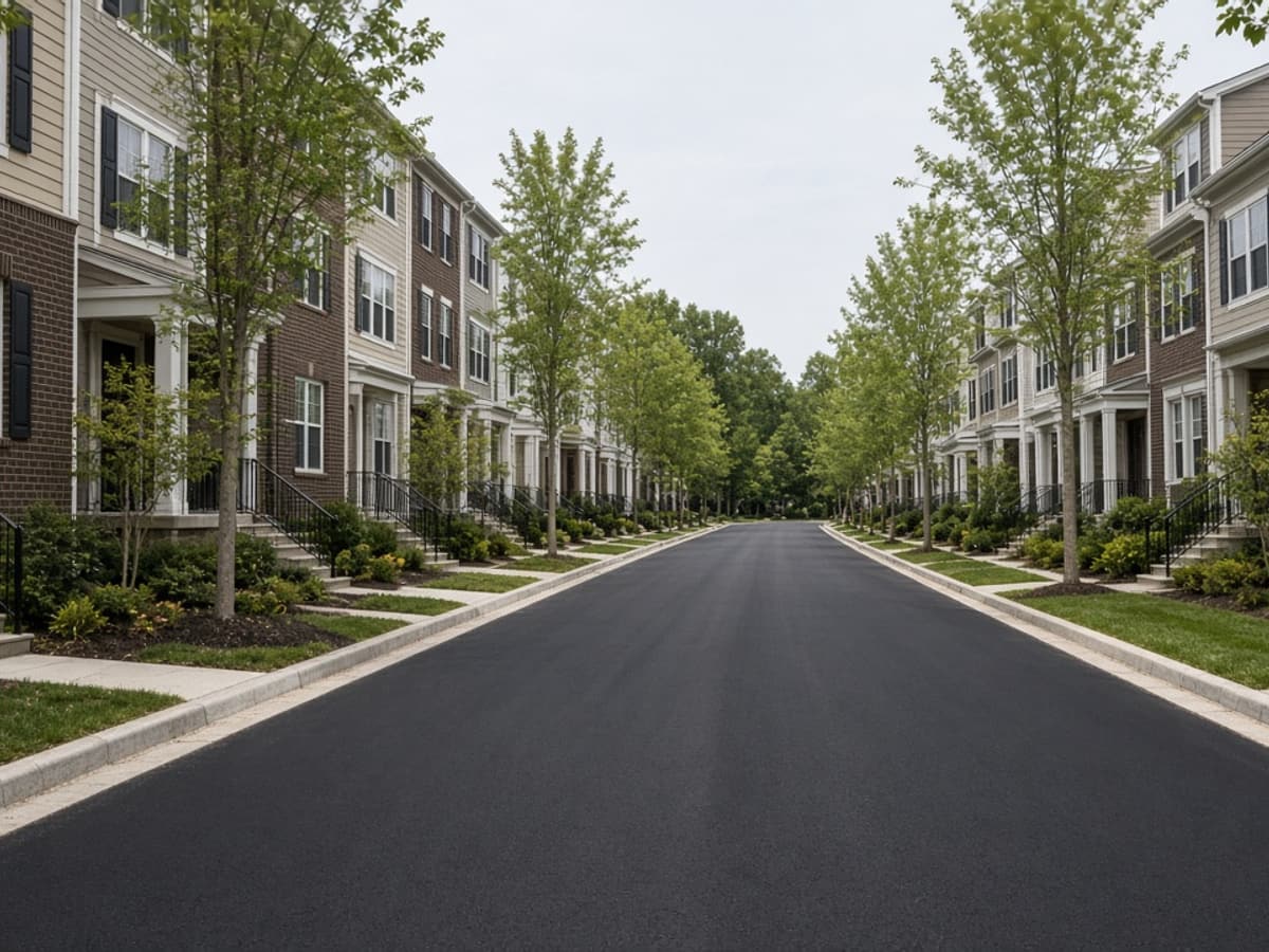 Newly paved private road between rows of townhomes