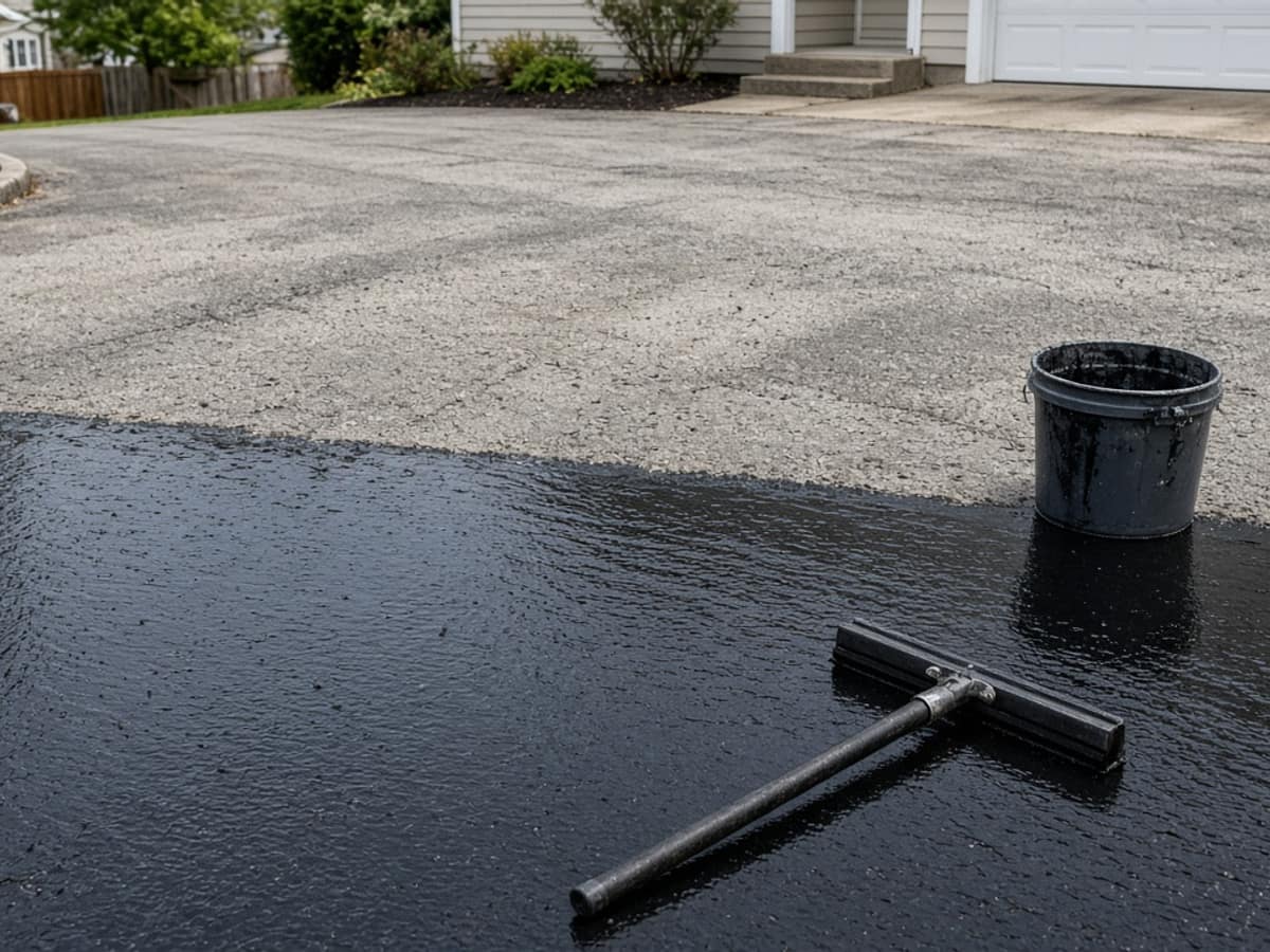Sealer spread across a driveway, with a squeegee and a sealer bucket