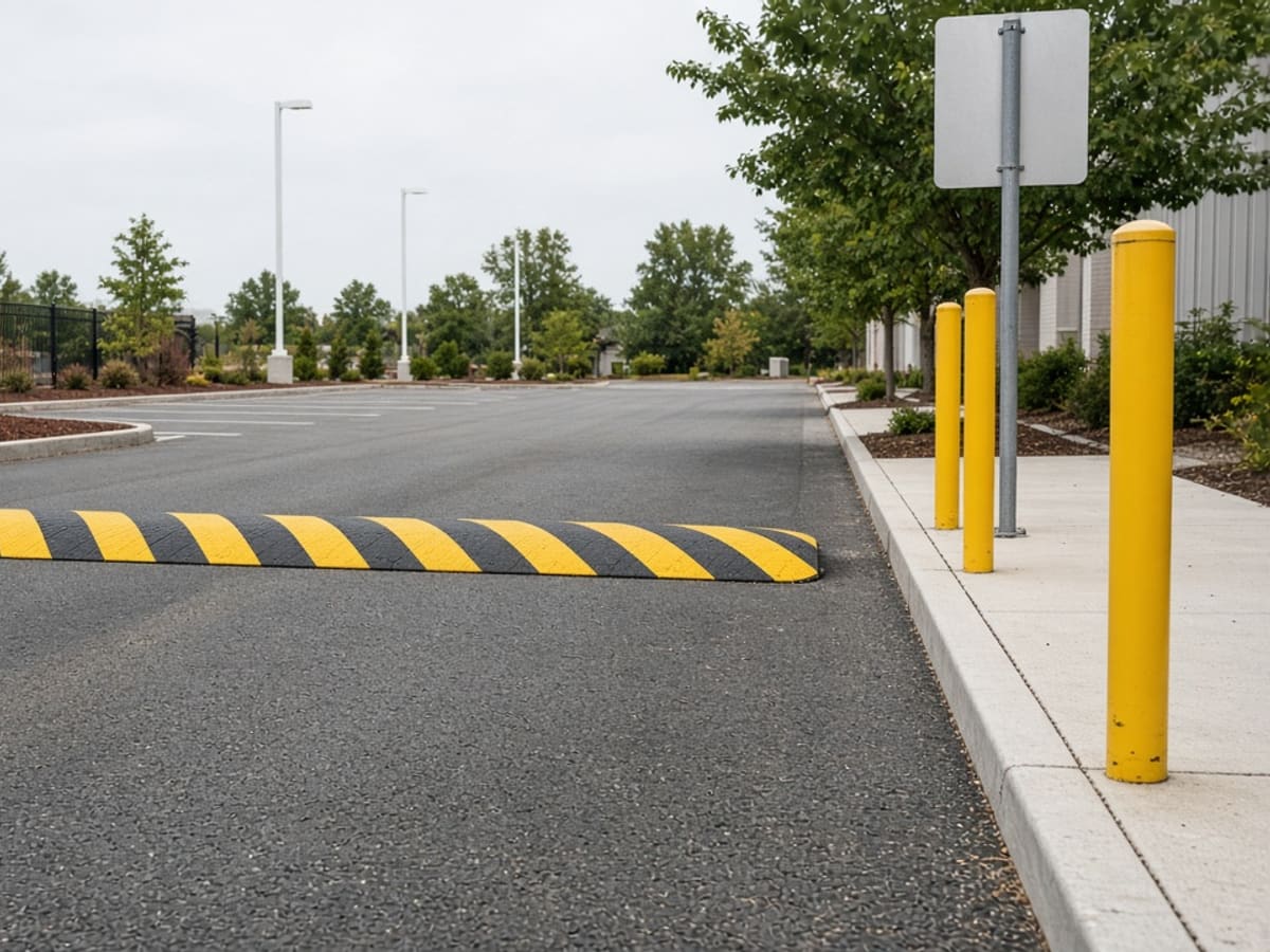 Yellow and black speed bump and yellow bollards in a parking lot