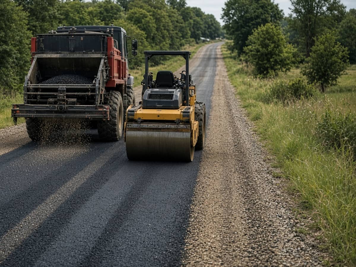 Chip spreader truck and roller surfacing a country lane