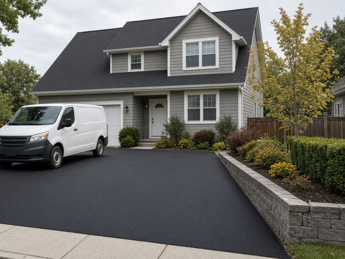 Freshly paved driveway with a stone retaining wall and a white van parked in front of a house