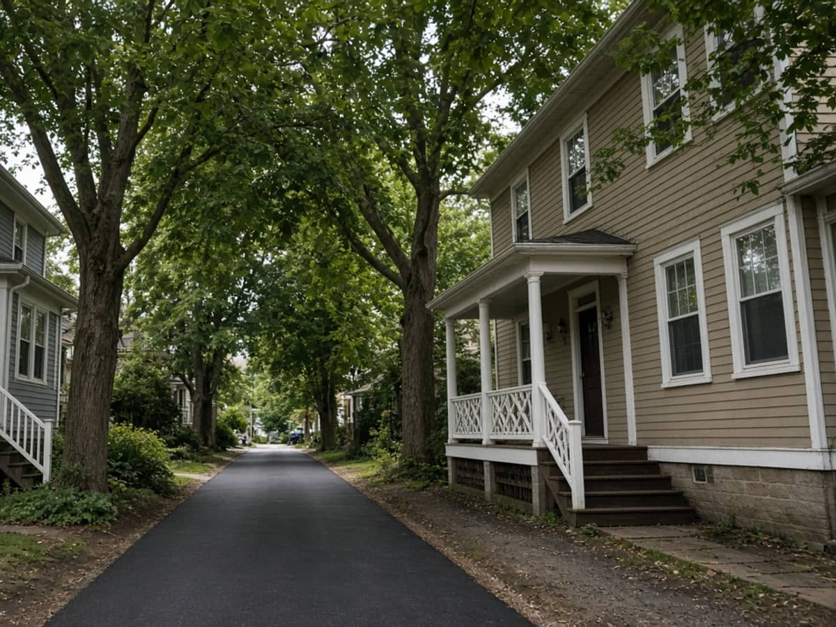Narrow paved driveway under shade trees beside a house with a porch