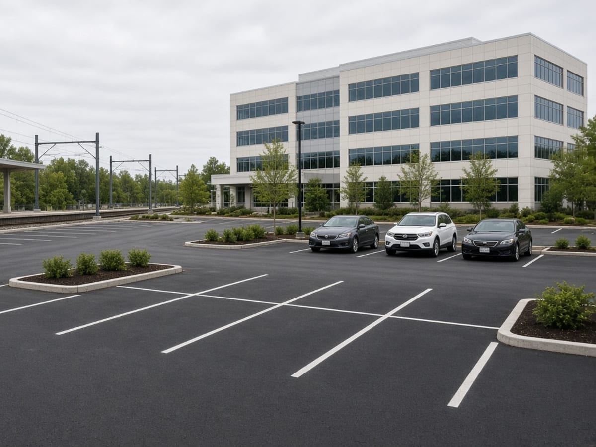 Striped parking lot in front of an office building near a rail line