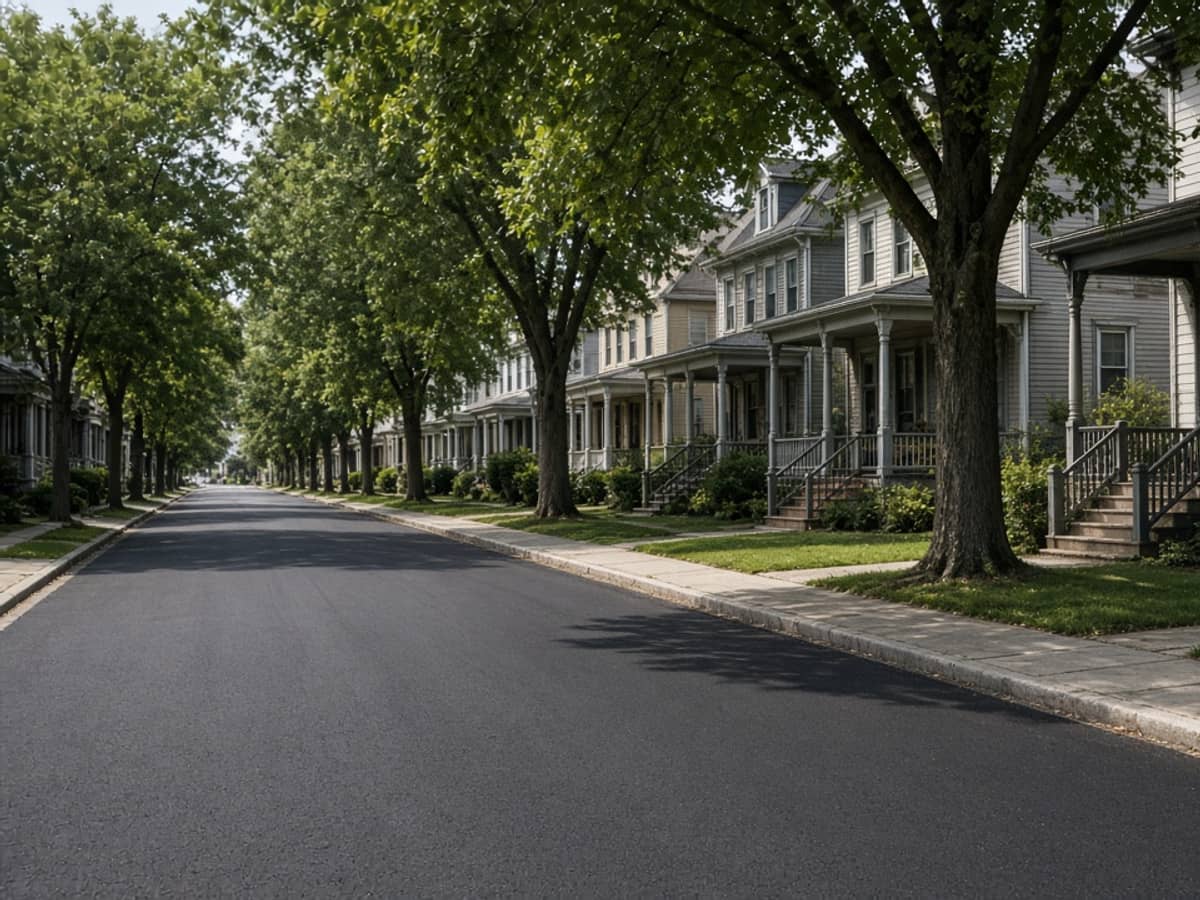 Newly paved tree-lined street with older porch houses