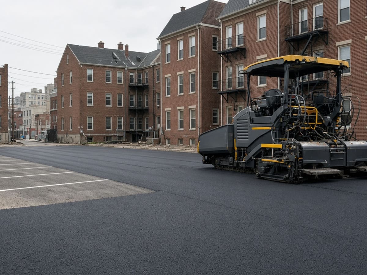 Asphalt paver on a fresh lot beside brick apartment buildings