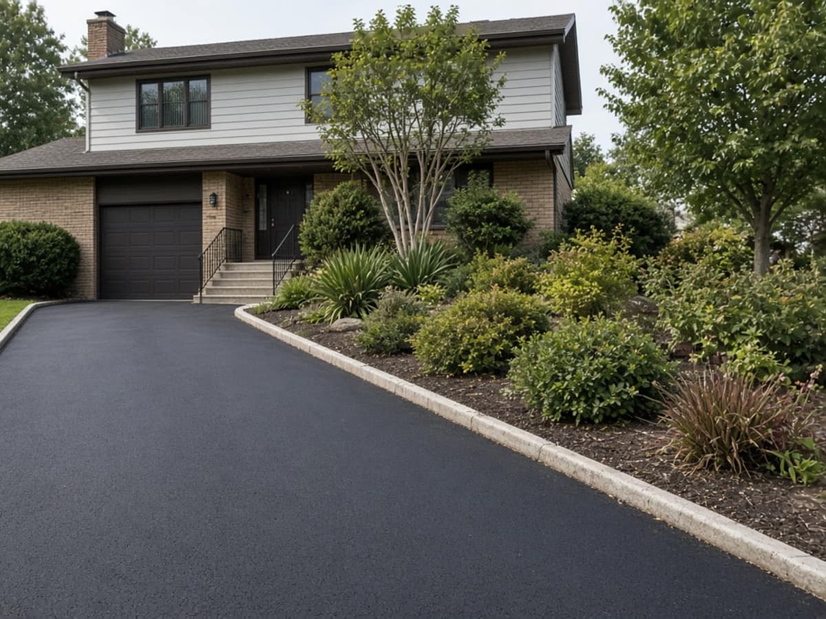 New asphalt driveway with concrete curbing beside landscaped beds