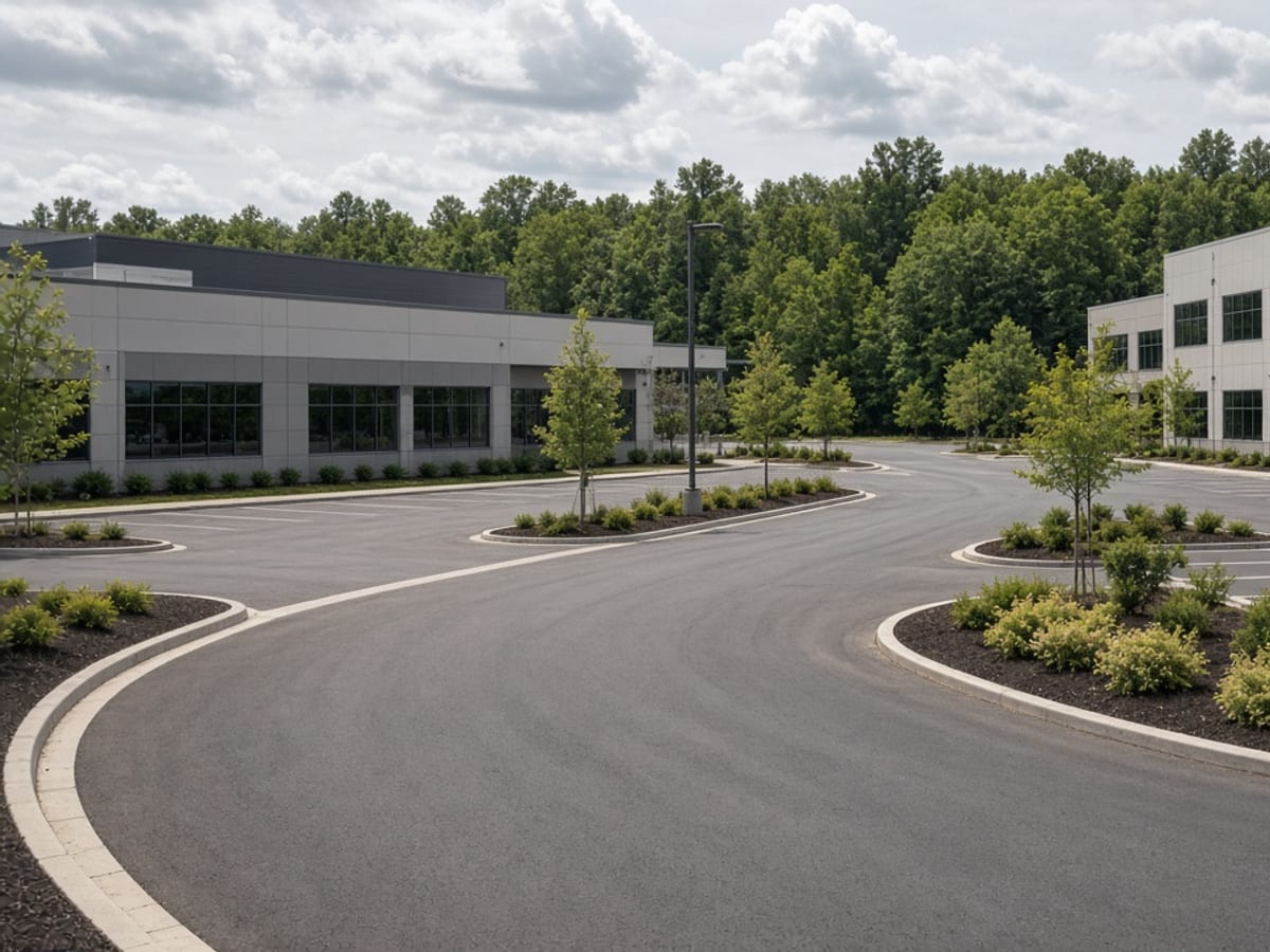 Curved, newly paved drive with landscaped islands at an office park