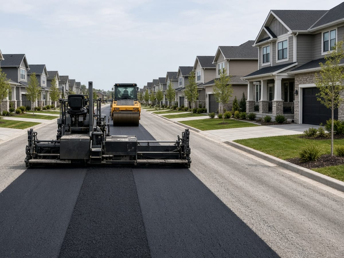 Asphalt paver and roller paving a residential street