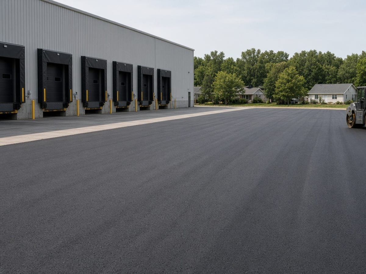 Freshly paved truck court beside warehouse loading docks
