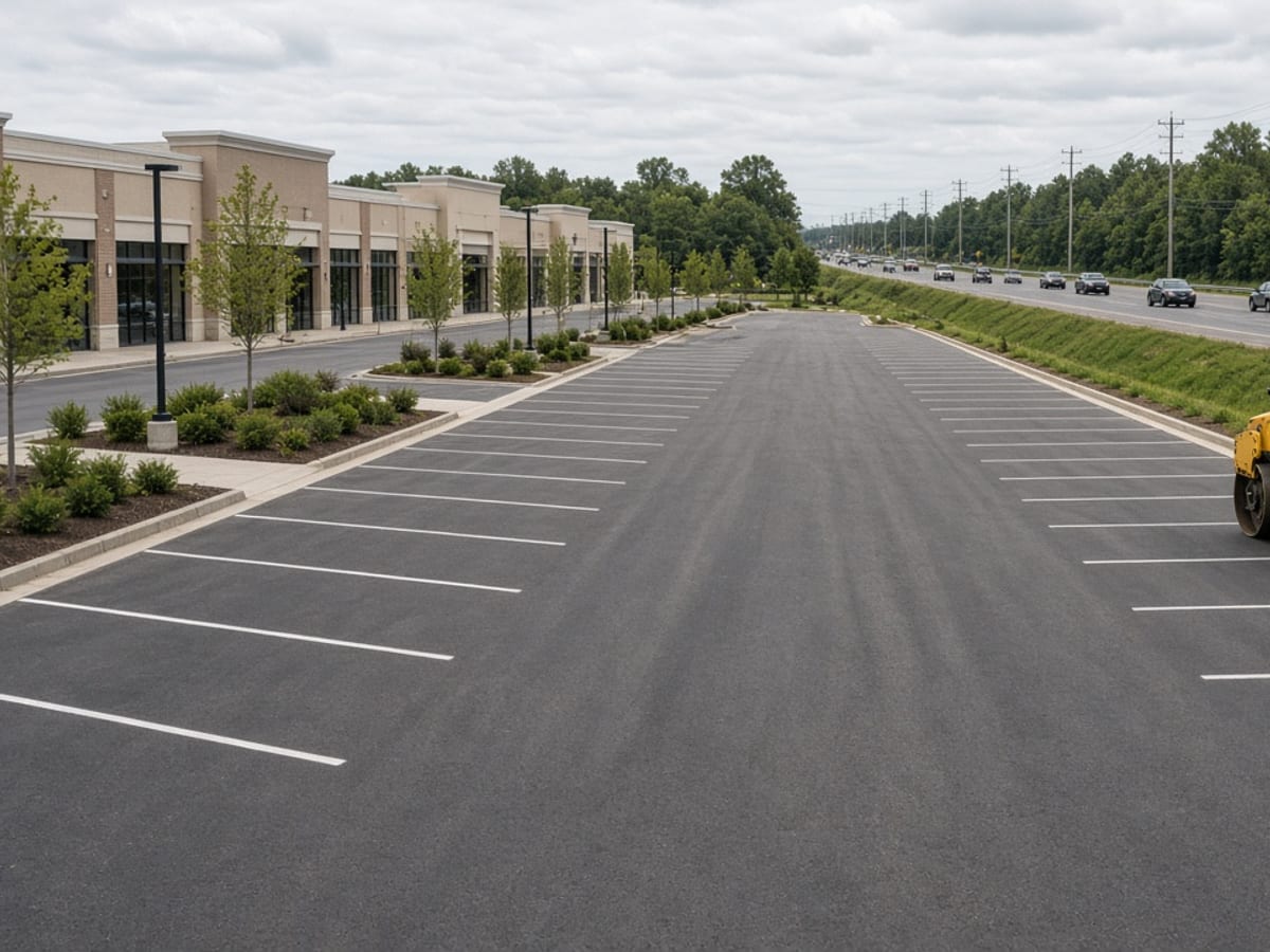 Freshly striped parking lot beside a retail strip and a highway